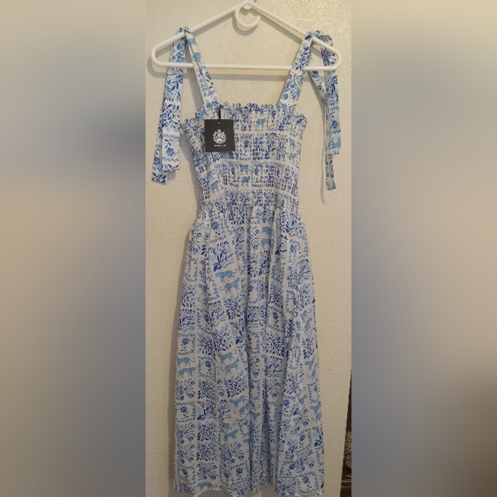 Tie shoulder blue midi dress